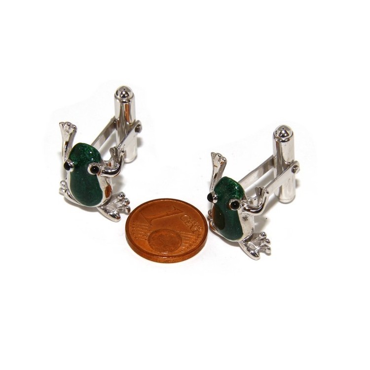 NSA|Mens Cufflinks frog shirt Silver 925 green enamel handmade