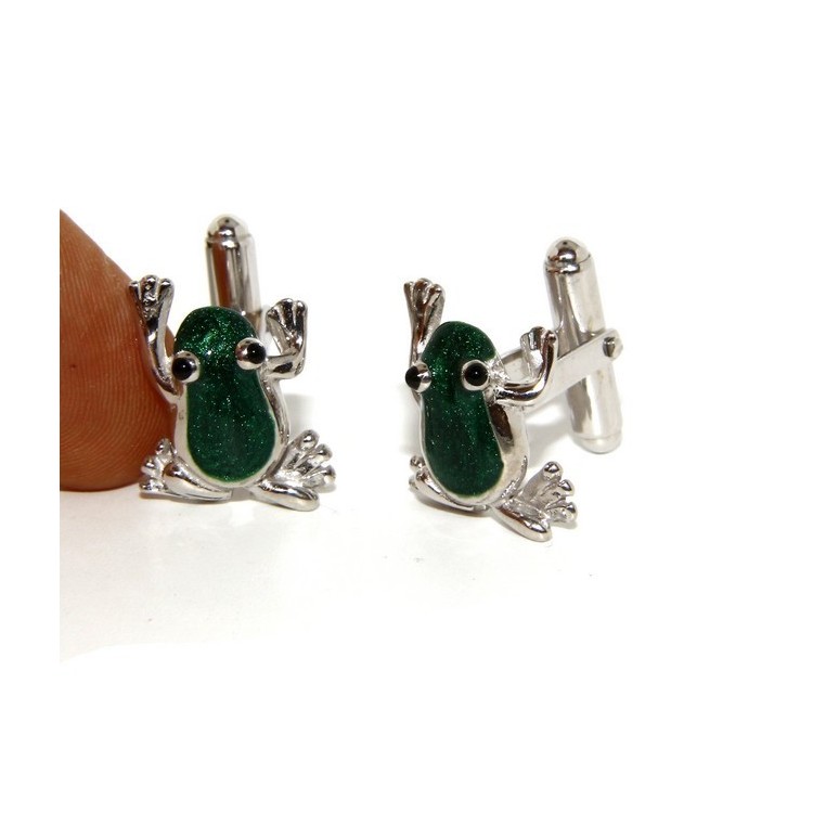 NSA|Mens Cufflinks frog shirt Silver 925 green enamel handmade