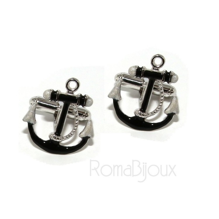 NSA|Mens Cufflinks to anchor shirt Silver 925 black enamel handmade