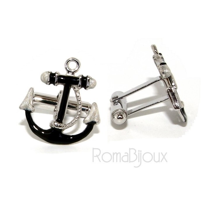 NSA|Mens Cufflinks to anchor shirt Silver 925 black enamel handmade