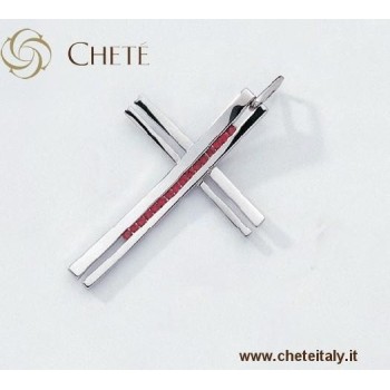 NSA|Chetè Laroche : ciondolo croce argento 925 zirconi rosso rubino con collana