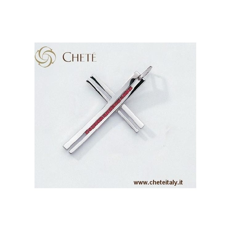 NSA|Chetè Laroche : ciondolo croce argento 925 zirconi rosso rubino con collana