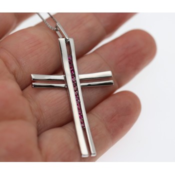 NSA|Chetè Laroche : ciondolo croce argento 925 zirconi rosso rubino con collana
