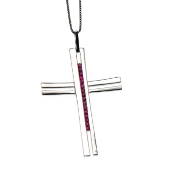 NSA|Chetè Laroche : ciondolo croce argento 925 zirconi rosso rubino con collana