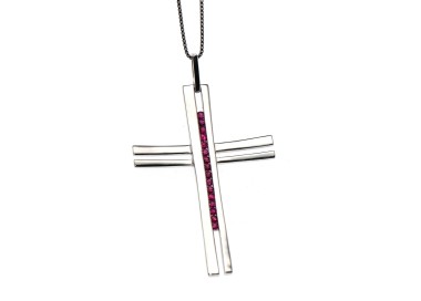NSA|Chetè Laroche : ciondolo croce argento 925 zirconi rosso rubino con collana