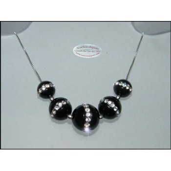 NSA|Rhodium-plated 925 silver choker with 5 passing spheres in black agate and zircons necklace
