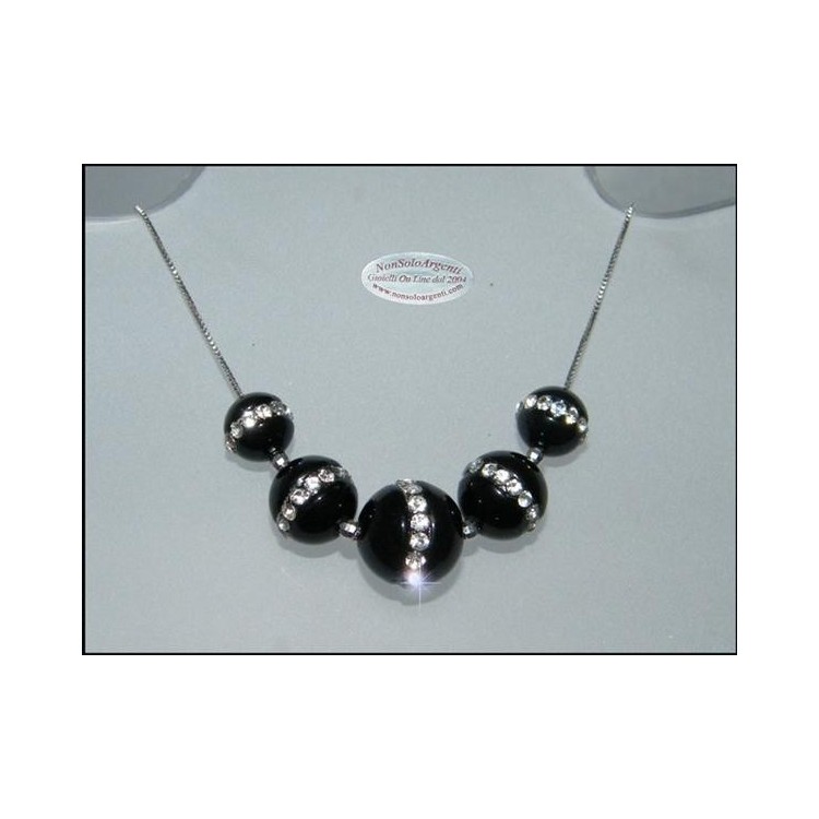 NSA|Rhodium-plated 925 silver choker with 5 passing spheres in black agate and zircons necklace