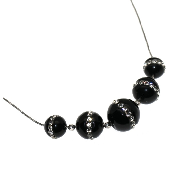 NSA|Rhodium-plated 925 silver choker with 5 passing spheres in black agate and zircons necklace