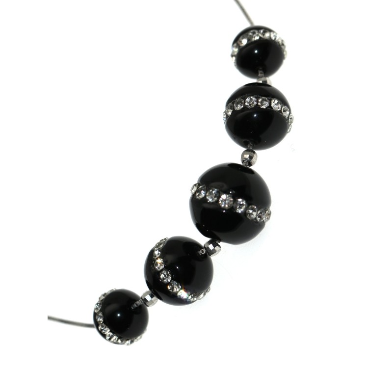 NSA|Rhodium-plated 925 silver choker with 5 passing spheres in black agate and zircons necklace