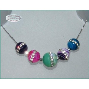 NSA|Girocollo veneziano in argento 925 rodiato con 5 sfere passanti in agata colorata e zirconia