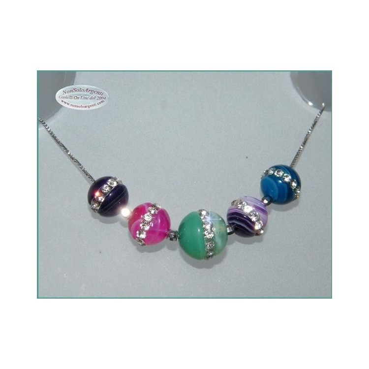 NSA|Girocollo veneziano in argento 925 rodiato con 5 sfere passanti in agata colorata e zirconia