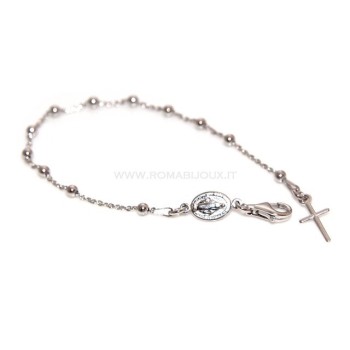 NSA|Bracciale rosario uomo o donna in Argento 925 croce liscia rod Oro bianco palline 3mm