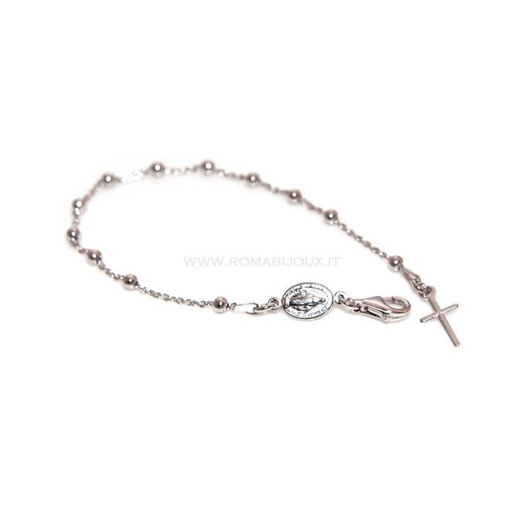 NSA|Bracciale rosario uomo o donna in Argento 925 croce liscia rod Oro bianco palline 3mm