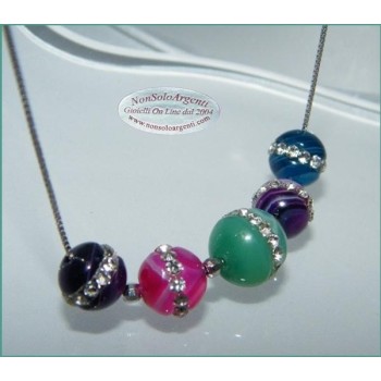 NSA|Girocollo veneziano in argento 925 rodiato con 5 sfere passanti in agata colorata e zirconia