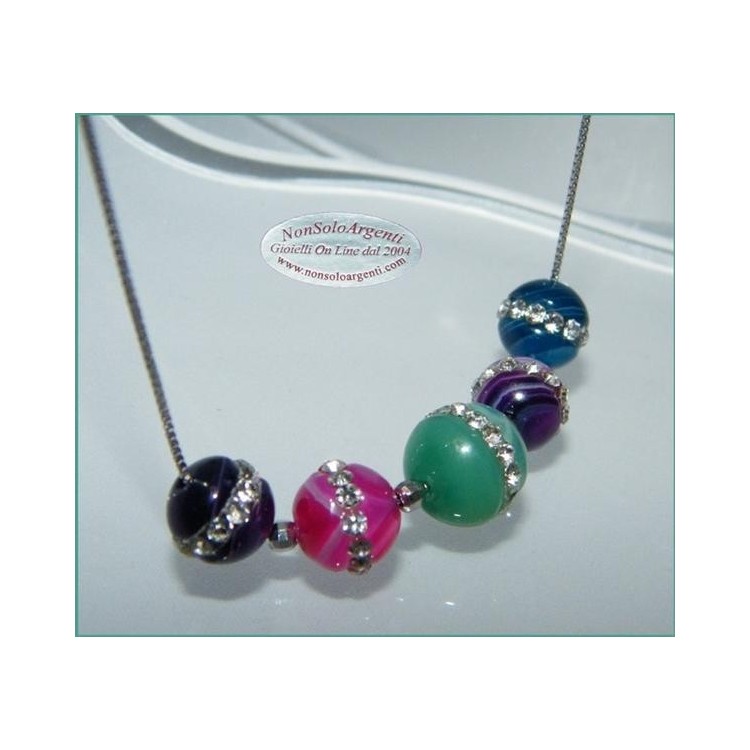NSA|Girocollo veneziano in argento 925 rodiato con 5 sfere passanti in agata colorata e zirconia