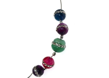 NSA|Choker in rhodium-plated 925 silver with 5 colored agate spheres and zircons necklace