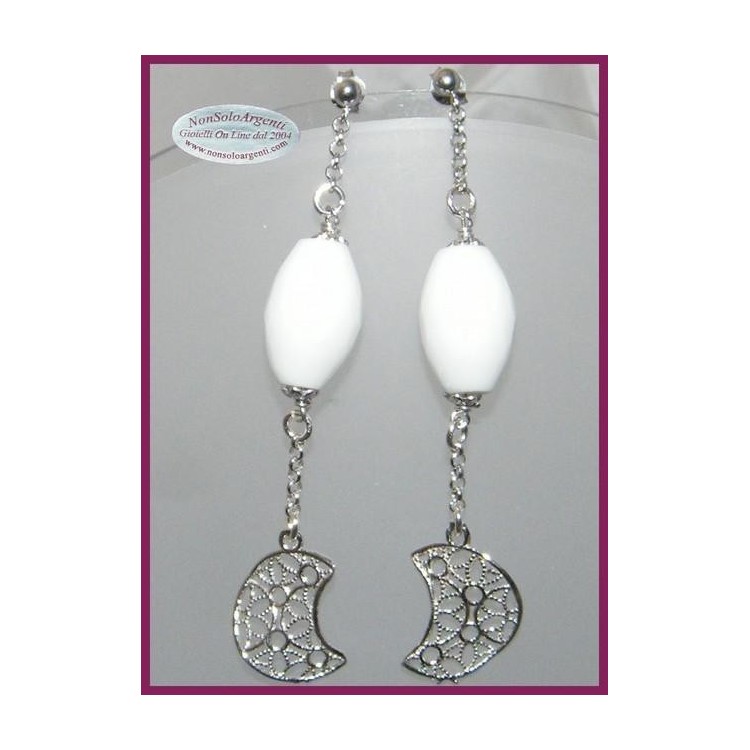 NSA|Argento 925 : Orecchini Con Ciondoli di Agata Bianca e Luna in Filigrana