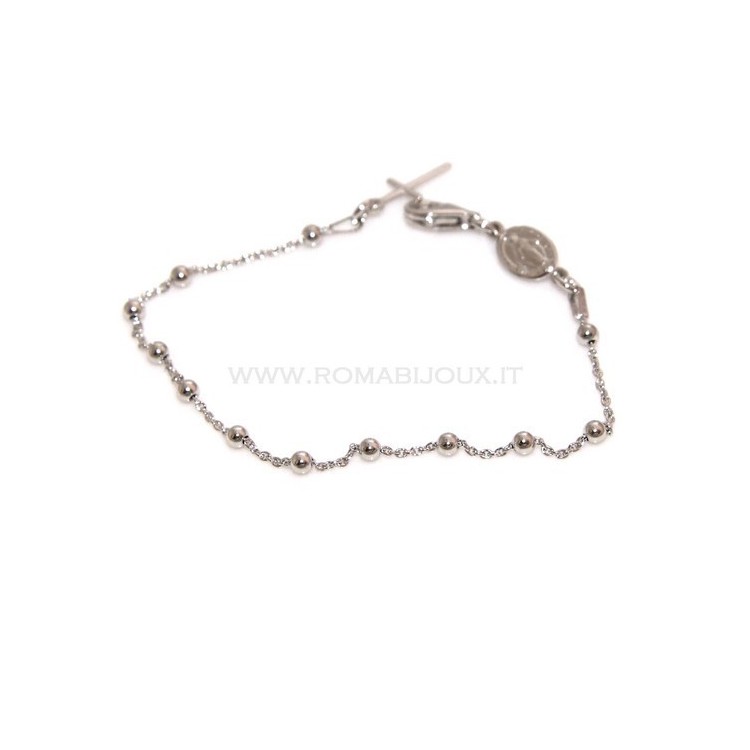 NSA|Bracciale rosario uomo o donna in Argento 925 croce liscia rod Oro bianco palline 3mm