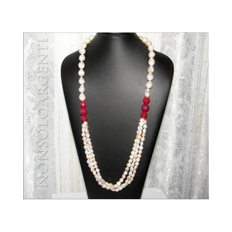NSA|Necklace with 925 silver baroque pearls, cultured pearls and red aventurine