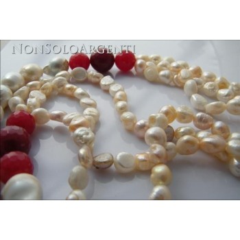NSA|Necklace with 925 silver baroque pearls, cultured pearls and red aventurine