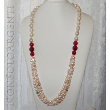 NSA|Collana con Argento 925 perle Barocche scaramazze , perle coltivate e avventurina rossa