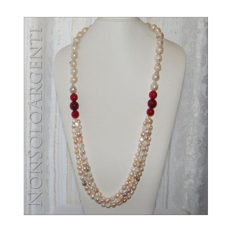 NSA|Collana con Argento 925 perle Barocche scaramazze , perle coltivate e avventurina rossa