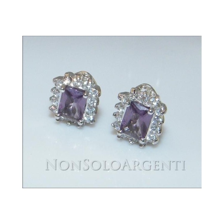NSA|Argento 925 Italiano Rodiato : orecchini CLIPS zircone carre' rettangolare viola stile antico