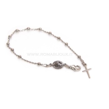 NSA|Rosary bracelet man or woman in 925 sterling silver cross smooth rod White gold balls 3 mm