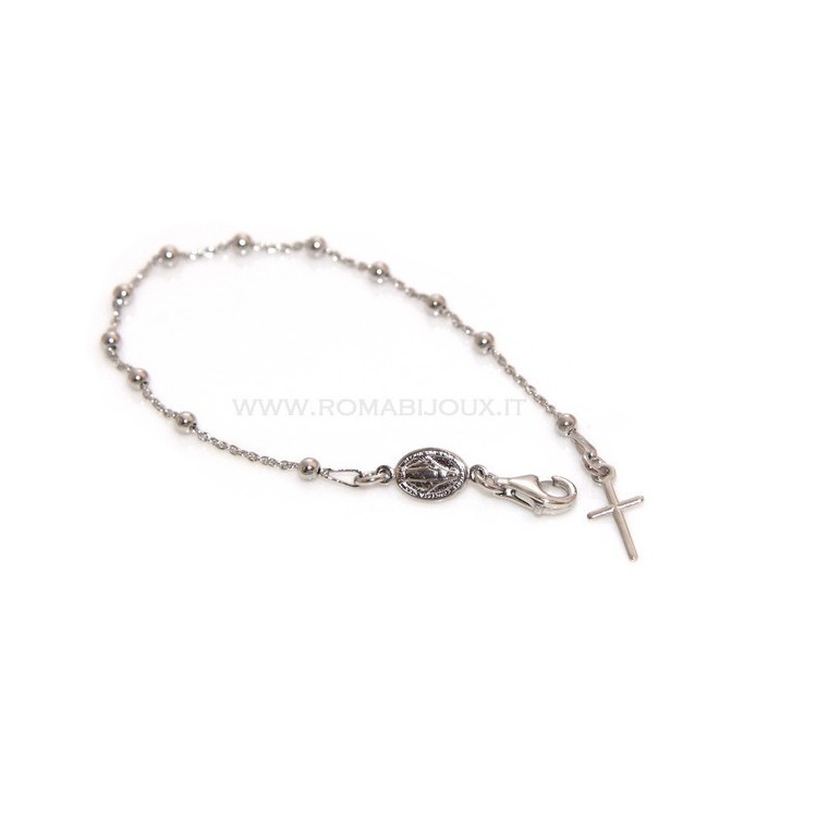 NSA|Rosary bracelet man or woman in 925 sterling silver cross smooth rod White gold balls 3 mm