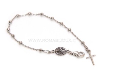 NSA|Bracciale rosario uomo o donna in Argento 925 croce liscia rod Oro bianco palline 3mm