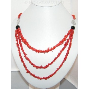 NSA|925 Silver Necklace with Torre del Greco Real Coral and Onyx Pearls