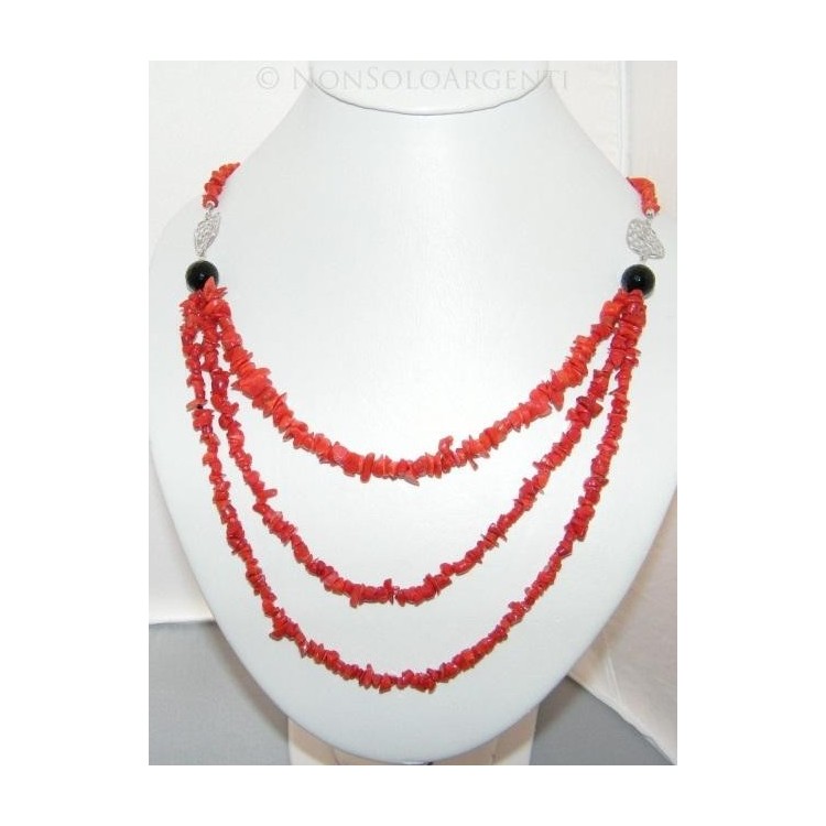 NSA|925 Silver Necklace with Torre del Greco Real Coral and Onyx Pearls