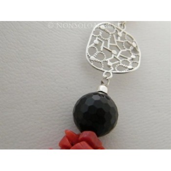 NSA|Collana in Argento 925 con Corallo Verace di Torre del Greco e Perle di Onice