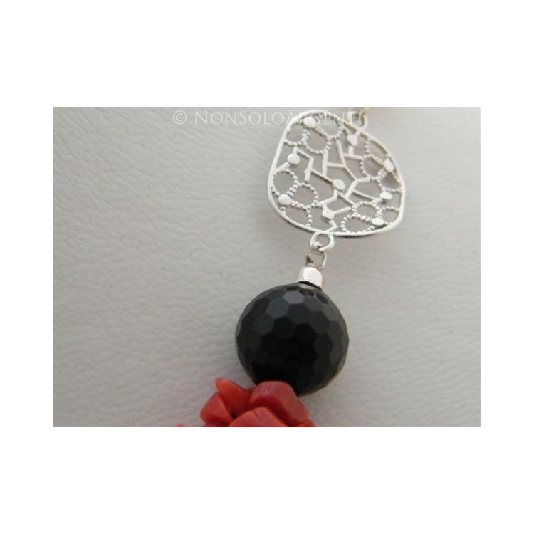 NSA|925 Silver Necklace with Torre del Greco Real Coral and Onyx Pearls