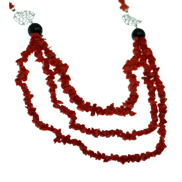 NSA|Collana Corallo rosso verace, argento 925 e agata nera 3 fili donna