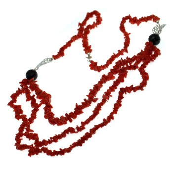 NSA|Collana Corallo rosso verace, argento 925 e agata nera 3 fili donna
