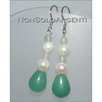 NSA|Green aventurine and natural pearls pendant earrings in 925 silver for women
