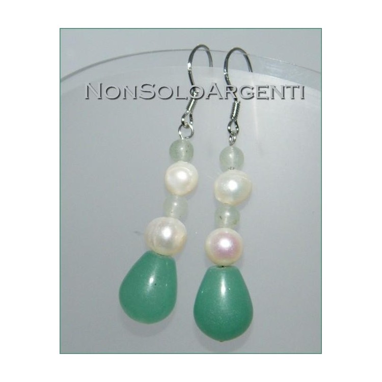 NSA|Green aventurine and natural pearls pendant earrings in 925 silver for women