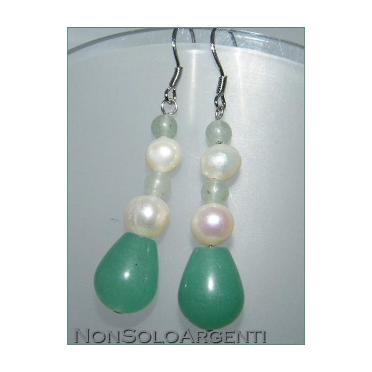 NSA|Orecchini pendenti avventurina verde e perle naturali argento 925 donna