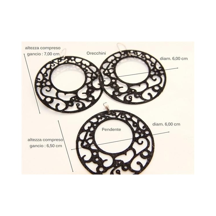 NSA|orecchini ciondolo collana argento 925 arabesque cerchi tondi 6cm glitter dorato