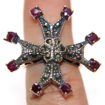 NSA|925 silver ring, Maltese Celtic cross, Marcassite ruby root, size 11, ethnic woman