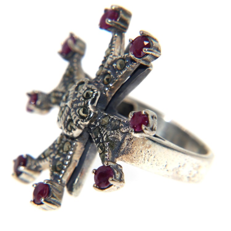 NSA|925 silver ring, Maltese Celtic cross, Marcassite ruby root, size 11, ethnic woman