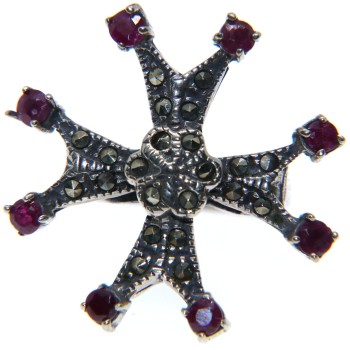 NSA|925 silver ring, Maltese Celtic cross, Marcassite ruby root, size 11, ethnic woman