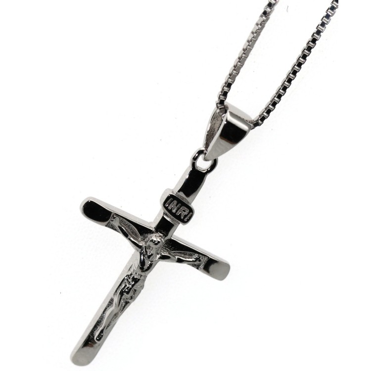 NSA|collana argento 925 croce rodiata crocefisso scritta INRI donna uomo NALBORI