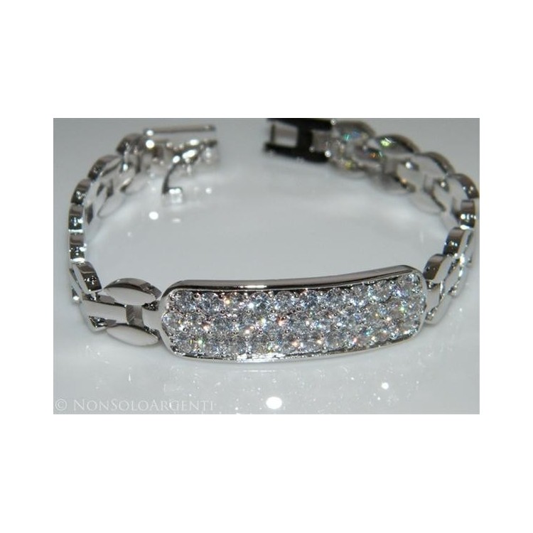 NSA|Pave' plate bracelet with white zircons in rhodium-plated brass 18kgf 17 cm for women tennis