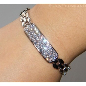 NSA|Bracciale Braccialetto  donna  targa pave' zirconi bianchi ottone Laminato ORO 750 18kt 17 cm