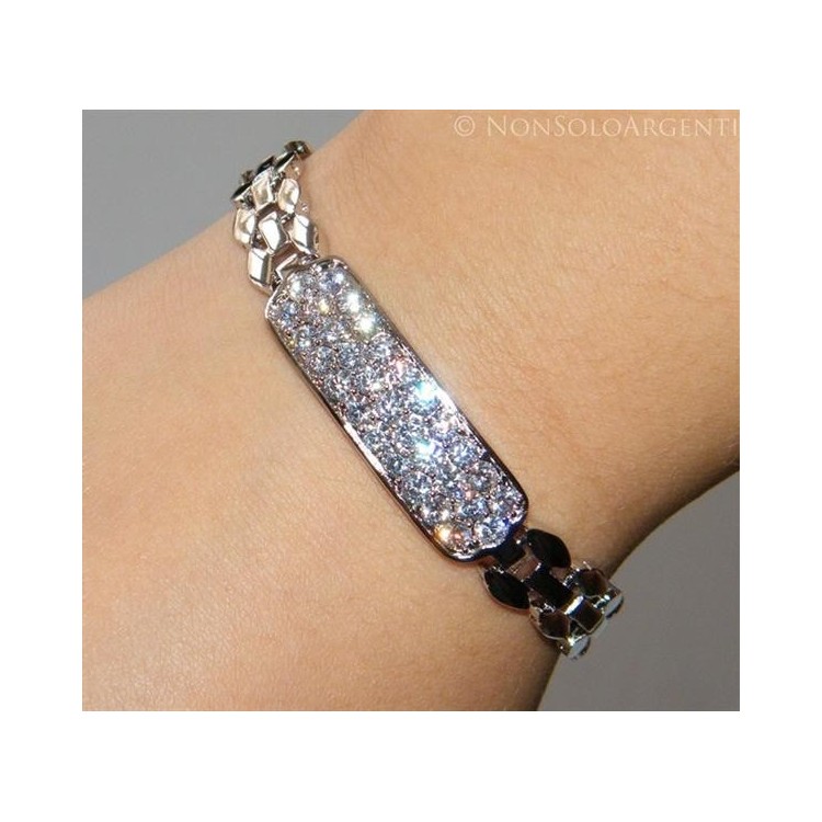NSA|Pave' plate bracelet with white zircons in rhodium-plated brass 18kgf 17 cm for women tennis