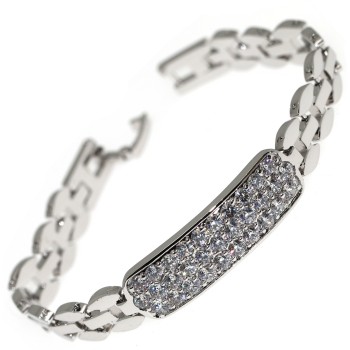 NSA|Bracciale targa pave' zirconi bianchi ottone rodiato 18kgf 17 cm donna tennis