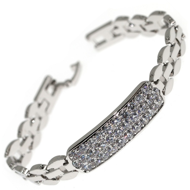 NSA|Bracciale targa pave' zirconi bianchi ottone rodiato 18kgf 17 cm donna tennis