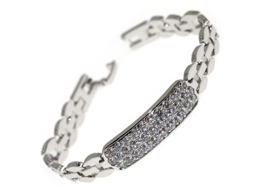 NSA|Pave' plate bracelet with white zircons in rhodium-plated brass 18kgf 17 cm for women tennis